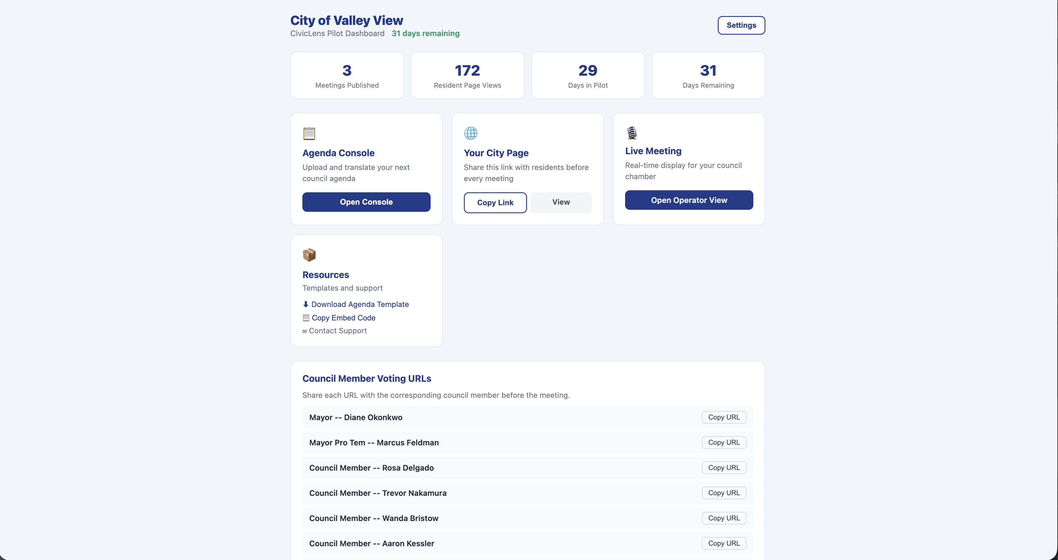 CivicLens pilot dashboard for the City of Valley View, showing meeting stats, the agenda console, and links to the city page and live meeting